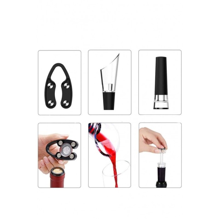 Set pentru vin FourWines, desfacator, pompa vidare, picurator, dop si taietor de folie, negru [7]