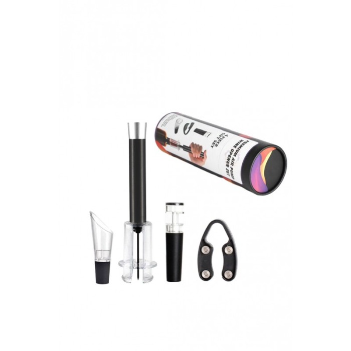 Set pentru vin FourWines, desfacator, pompa vidare, picurator, dop si taietor de folie, negru [5]