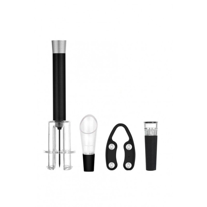 Set pentru vin FourWines, desfacator, pompa vidare, picurator, dop si taietor de folie, negru [4]