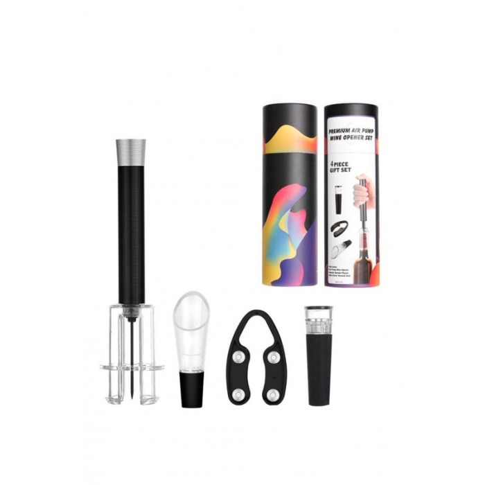 Set pentru vin FourWines, desfacator, pompa vidare, picurator, dop si taietor de folie, negru [3]