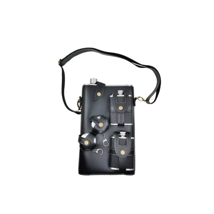 Set plosca cu 2 pahare pliabile din inox GigaDrink Doty®, capacitate 2 l, toc din piele ecologica neagra, are curea [5]