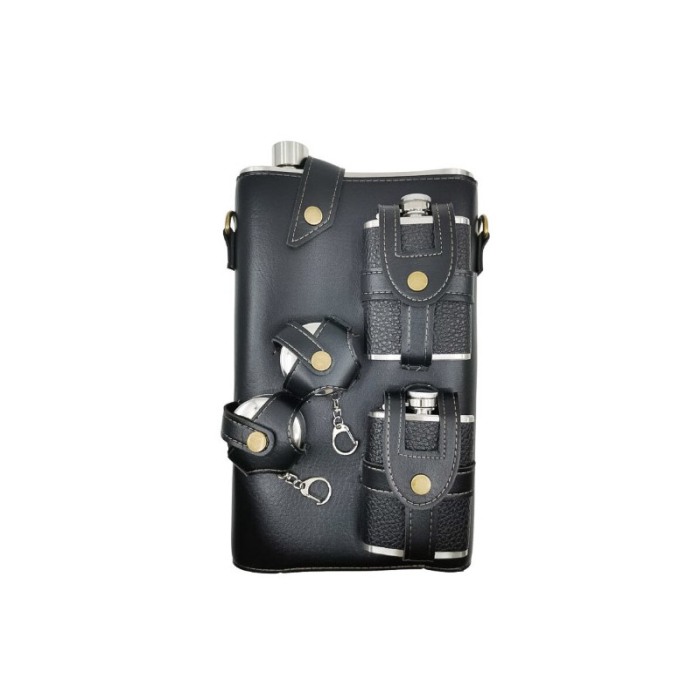 Set plosca cu 2 pahare pliabile din inox GigaDrink Doty®, capacitate 2 l, toc din piele ecologica neagra, are curea [2]