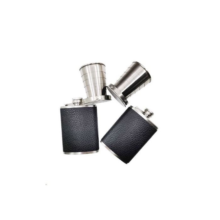 Set plosca cu 2 pahare pliabile din inox GigaDrink Doty®, capacitate 2 l, toc din piele ecologica neagra, are curea [4]
