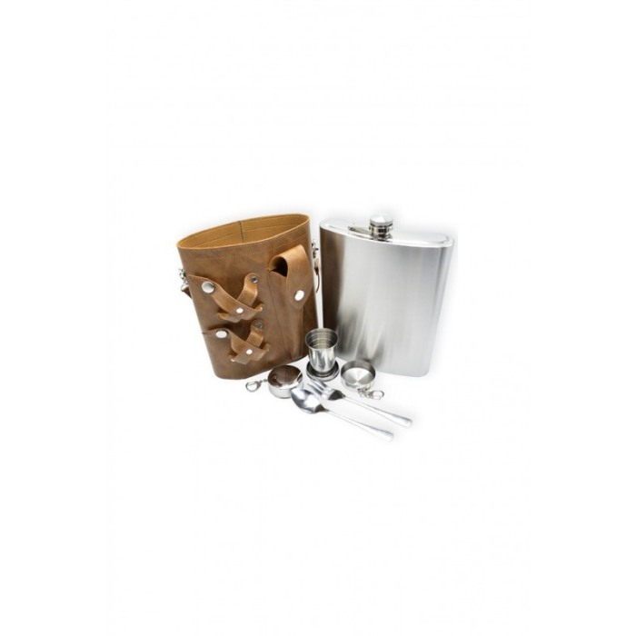 Set plosca cu 2 pahare pliabile si tacam, din inox, capacitate 1.5 l,  toc din piele ecologica maro deschis , are curea, usor de [2]
