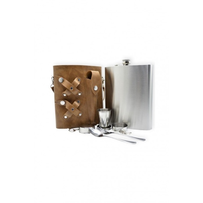 Set plosca cu 2 pahare pliabile si tacam, din inox, capacitate 1.5 l,  toc din piele ecologica maro deschis , are curea, usor de [4]
