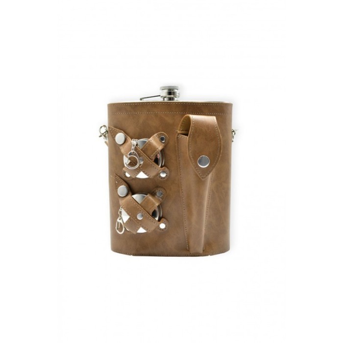 Set plosca cu 2 pahare pliabile si tacam, din inox, capacitate 1.5 l,  toc din piele ecologica maro deschis , are curea, usor de [3]
