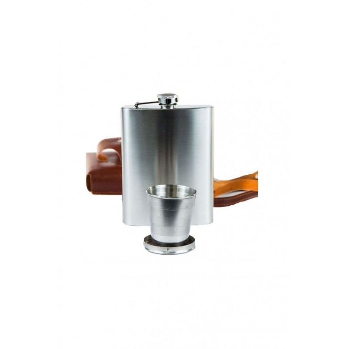 Set plosca cu pahar pliabil , lingura si furculita, capacitate 250 ml,toc din piele ecologica maro roscat, tocul are curea, usor [2]