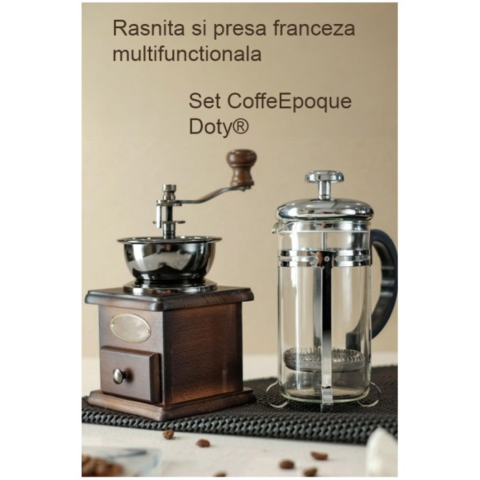 Set Rasnita manuala de cafea CoffeEpoque Doty® si presa franceza multifunctionala, sistem macinare ceramic, 16.5x9.5 cm [8]