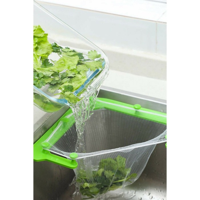 Set Sita pentru chiuveta Unclogged Sink, tip plasa, 100 saculeti inclusi, suport cu ventuze, 21x21x29 cm, verde [2]