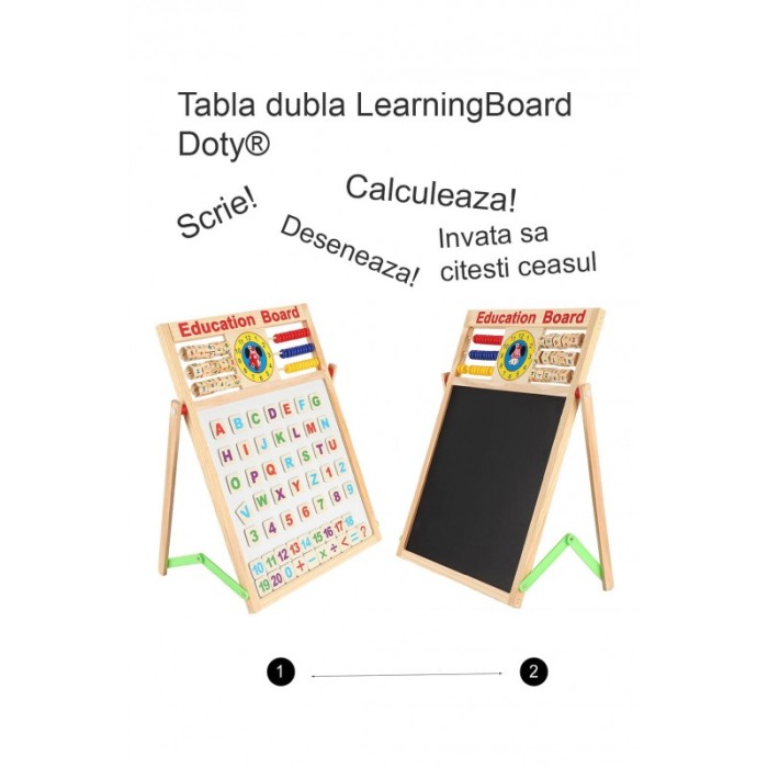Set Tabla dubla educativa LearningBoard Doty®, cu marker, burete si creta colorata inclusa, desenat, din lemn, 63x46 cm [8]