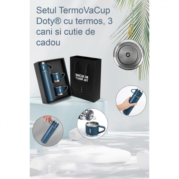 Set TermoVaCup Doty®, cu termos si 3 cani, 500 ml, otel, design minimalist, albastru [4]
