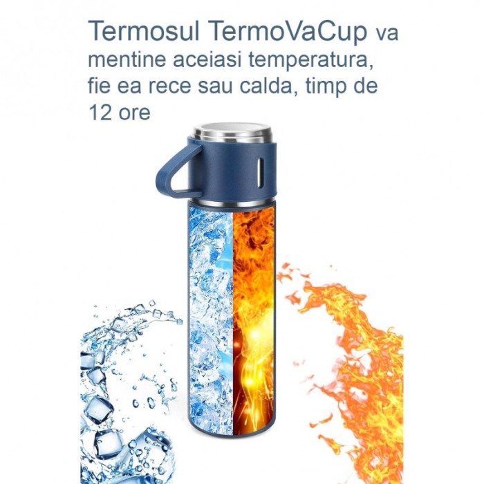 Set TermoVaCup Doty®, cu termos si 3 cani, 500 ml, otel, design minimalist, albastru [8]