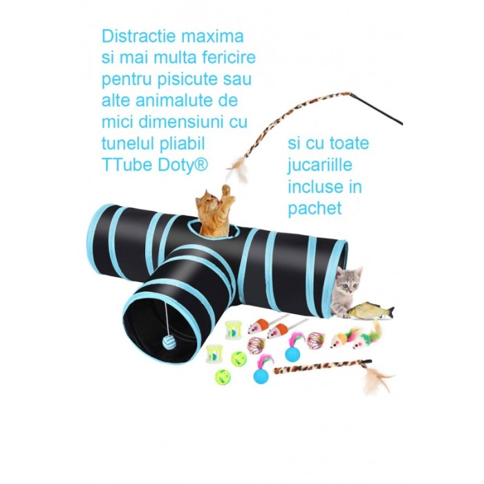 Set Tunel de joaca pentru pisicute sau alte animalute de dimensiuni mici TTube Doty®, cu jucarii/accesorii incluse, 80x30x25, [3]