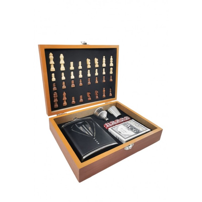 Set TuxedoGame Doty® cutie eleganta cadou, joc de sah complet, plosca de 100 ml, zaruri si joc de carti, 24x18 cm [1]
