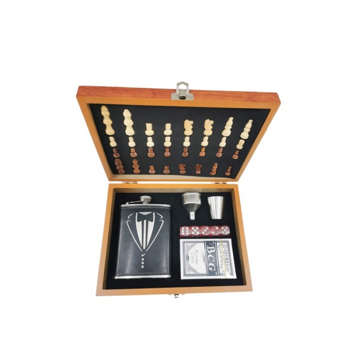 Set TuxedoGame Doty® cutie eleganta cadou, joc de sah complet, plosca de 100 ml, zaruri si joc de carti, 24x18 cm [2]