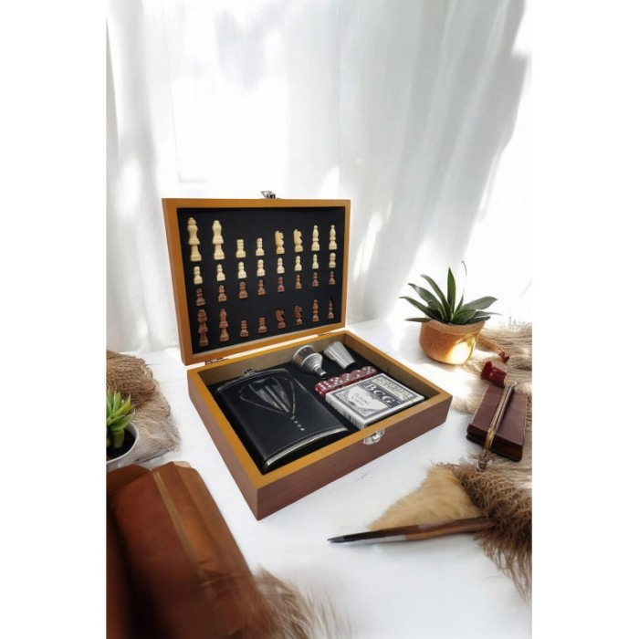 Set TuxedoGame Doty® cutie eleganta cadou, joc de sah complet, plosca de 100 ml, zaruri si joc de carti, 24x18 cm [6]