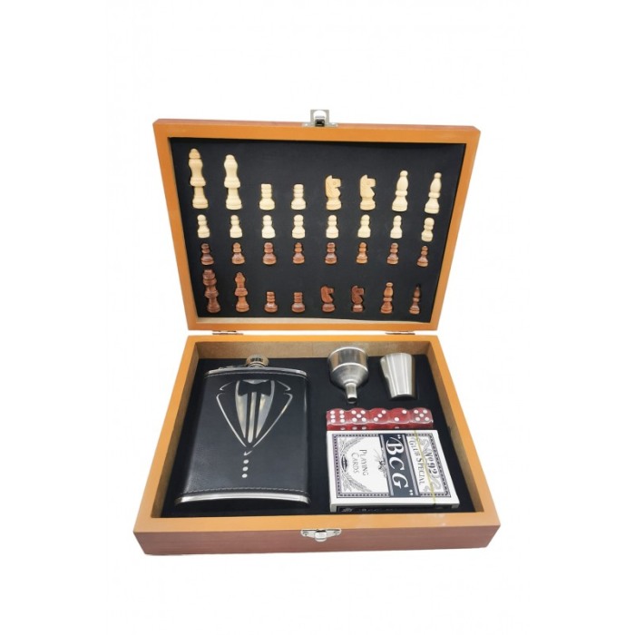 Set TuxedoGame Doty® cutie eleganta cadou, joc de sah complet, plosca de 100 ml, zaruri si joc de carti, 24x18 cm [3]