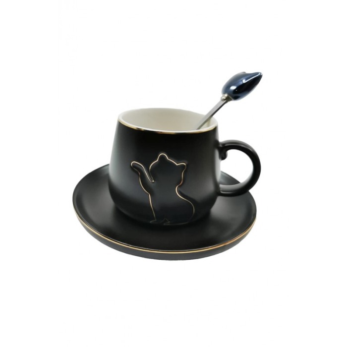 Setul de 2 cesti KittyCup Doty®, cu farfurie si lingurita, design pisica, accente aurii, alb/negru, 150 ml [3]