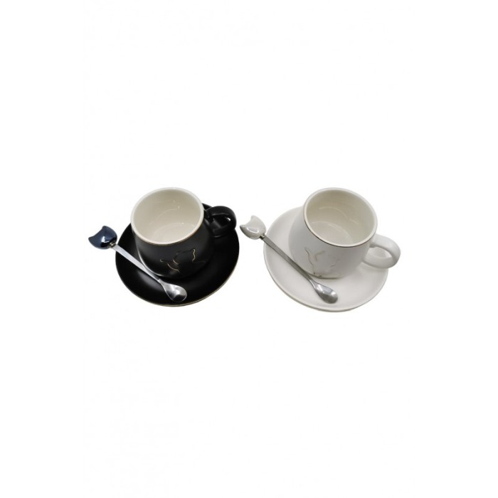 Setul de 2 cesti KittyCup Doty®, cu farfurie si lingurita, design pisica, accente aurii, alb/negru, 150 ml [6]