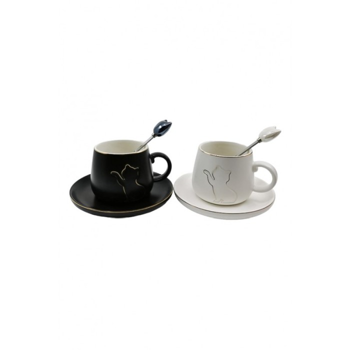 Setul de 2 cesti KittyCup Doty®, cu farfurie si lingurita, design pisica, accente aurii, alb/negru, 150 ml [2]