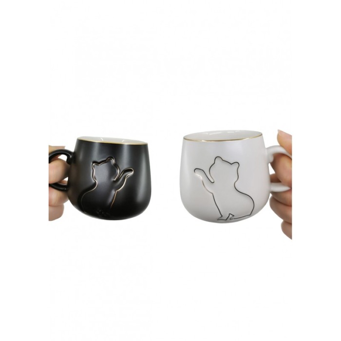 Setul de 2 cesti KittyCup Doty®, cu farfurie si lingurita, design pisica, accente aurii, alb/negru, 150 ml [7]