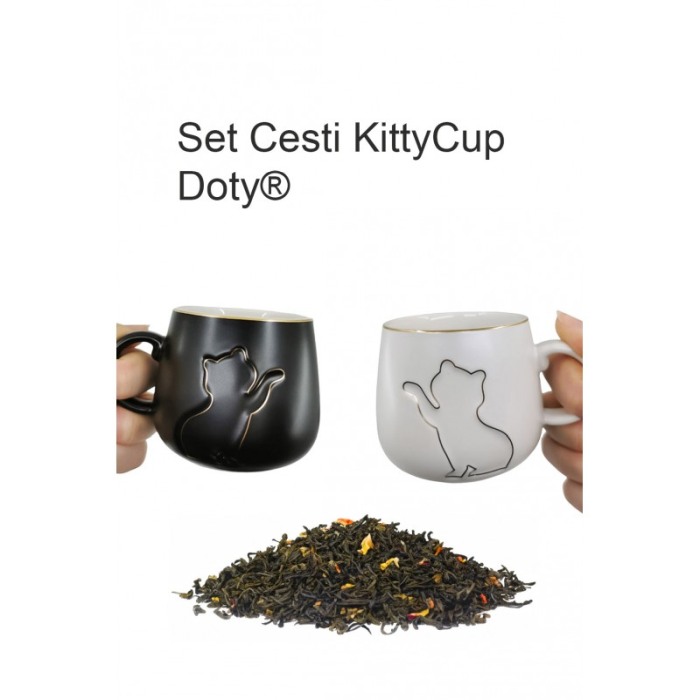 Setul de 2 cesti KittyCup Doty®, cu farfurie si lingurita, design pisica, accente aurii, alb/negru, 150 ml [8]