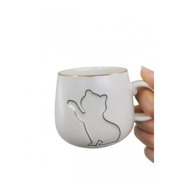 Setul de 2 cesti KittyCup Doty®, cu farfurie si lingurita, design pisica, accente aurii, alb/negru, 150 ml [5]
