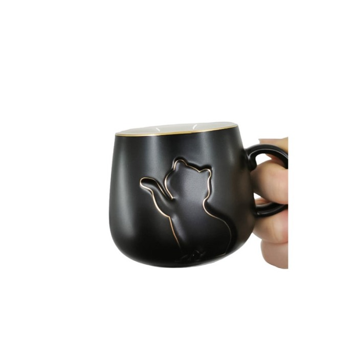 Setul de 2 cesti KittyCup Doty®, cu farfurie si lingurita, design pisica, accente aurii, alb/negru, 150 ml [4]