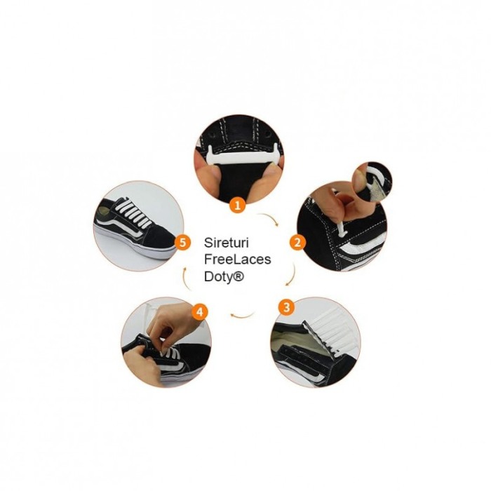 Sireturi FreeLaces Doty® pentru incaltaminte, 12 bucati, din silicon, nu necesita legare/dezlegare, 1 cm, alb [2]