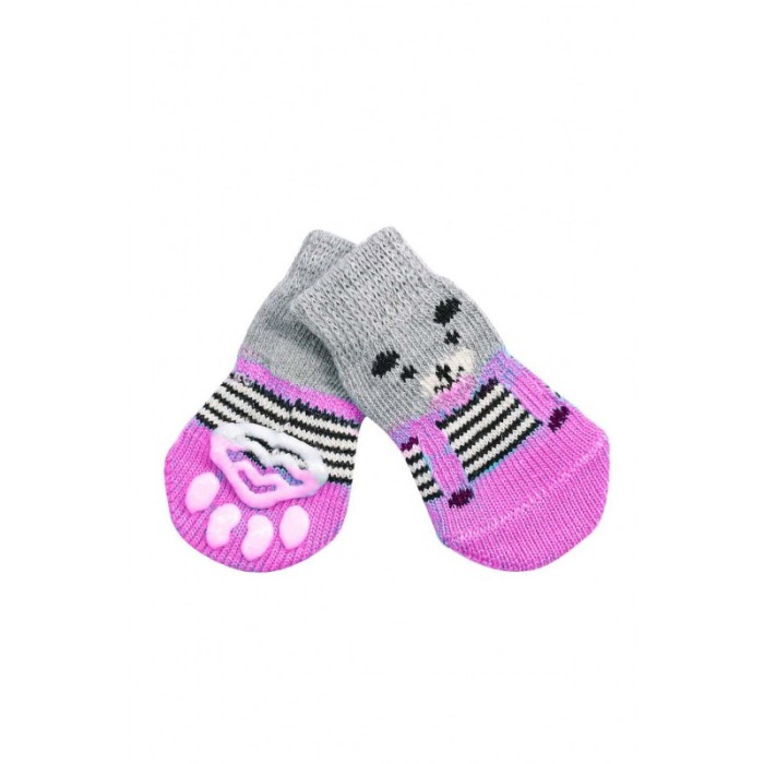Sosete pentru animalele de companie de talie mica,30 mm, cu talpa anti alunecare, design modern, imprimeu catel si bretele, roz, [3]