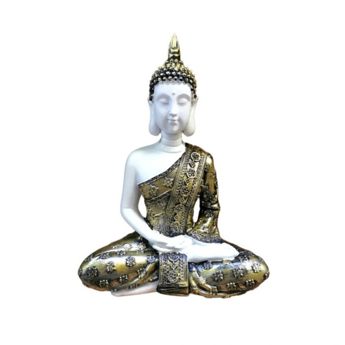 Statueta Buddha Medidation, din rasina, accente aurii, 27 cm, alb [1]