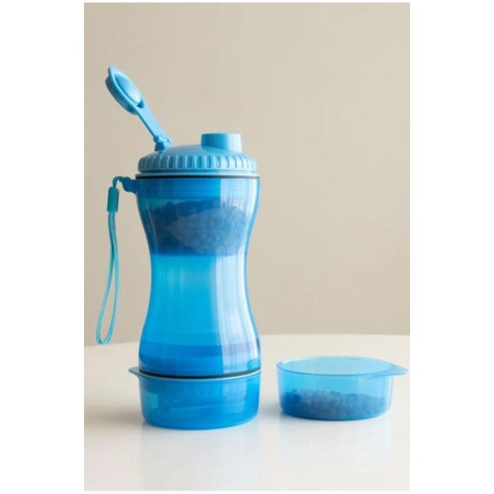 Sticla 2 in 1 Pet Double Bottle, pentru animalele de companie, 330 ml, portabila, pentru lichide si hrana, albastru, Doty®️ [6]