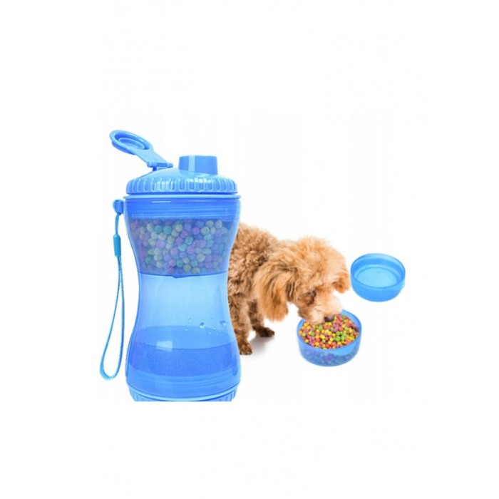 Sticla 2 in 1 Pet Double Bottle, pentru animalele de companie, 330 ml, portabila, pentru lichide si hrana, albastru, Doty®️ [1]
