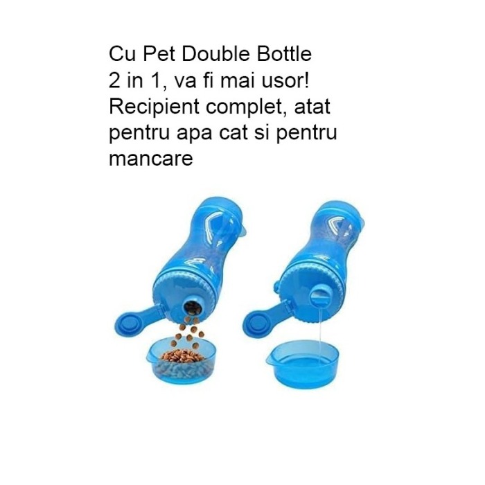 Sticla 2 in 1 Pet Double Bottle, pentru animalele de companie, 330 ml, portabila, pentru lichide si hrana, albastru, Doty®️ [5]