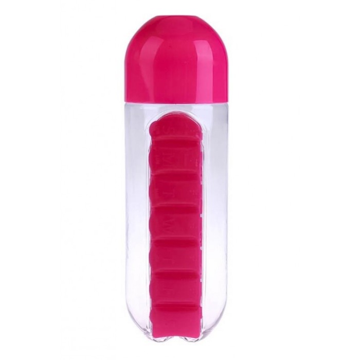 Sticla 3 in 1 Pink Vit , cu organizator medicamente ,  7 compartimente cu fiecare zi a saptamanii,organizator detasabil, 600 ml, [6]