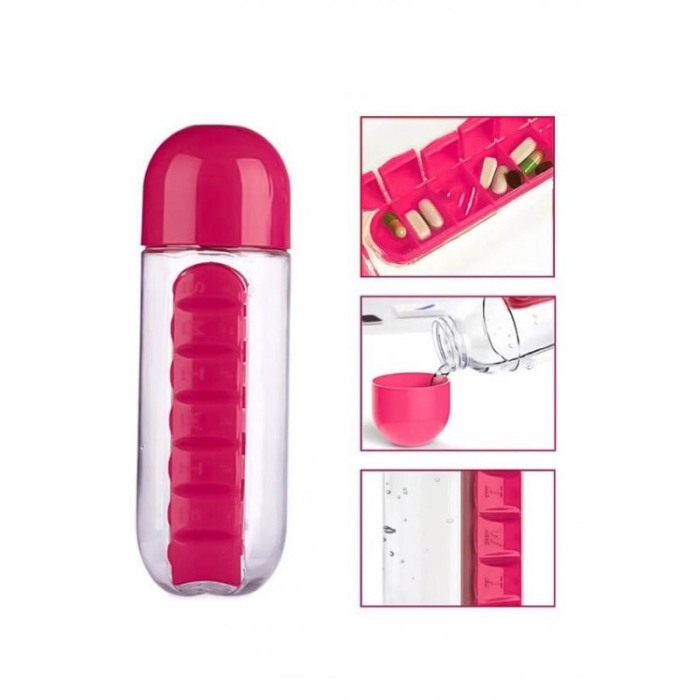 Sticla 3 in 1 Pink Vit , cu organizator medicamente ,  7 compartimente cu fiecare zi a saptamanii,organizator detasabil, 600 ml, [5]
