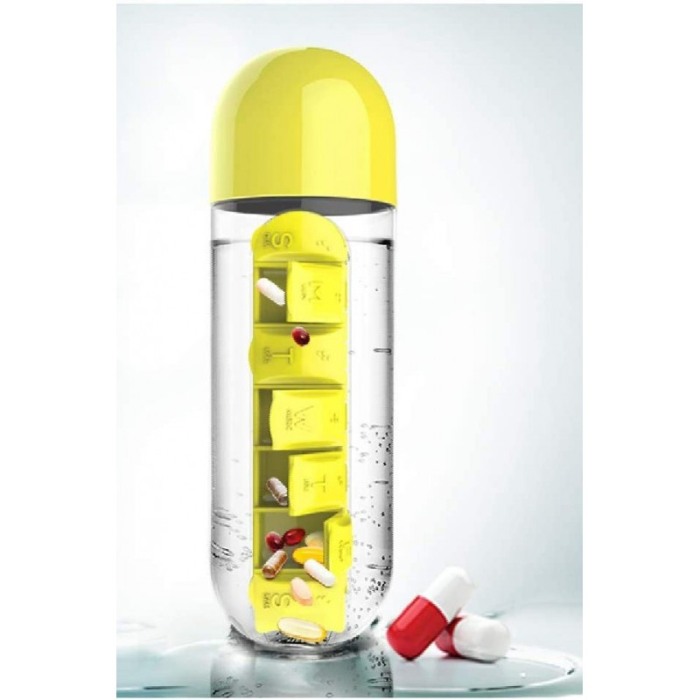 Sticla 3 in 1 Yellow Vit , cu organizator medicamente ,  7 compartimente cu fiecare zi a saptamanii,organizator detasabil, 600 m [1]