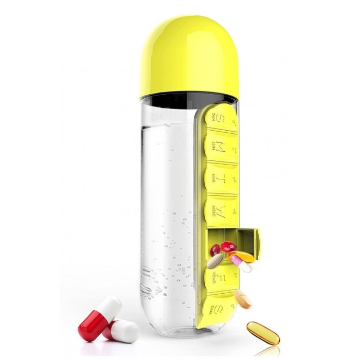 Sticla 3 in 1 Yellow Vit , cu organizator medicamente ,  7 compartimente cu fiecare zi a saptamanii,organizator detasabil, 600 m [3]
