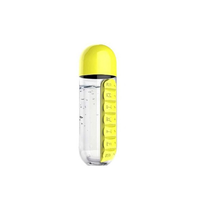 Sticla 3 in 1 Yellow Vit , cu organizator medicamente ,  7 compartimente cu fiecare zi a saptamanii,organizator detasabil, 600 m [2]