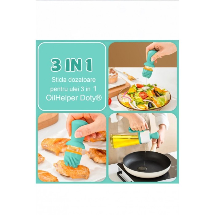 Sticla dozatoare pentru ulei 3 in 1 OilHelper Doty®, cu pensula, gradata, din sticla, practica, turcoaz, 630 ml [7]