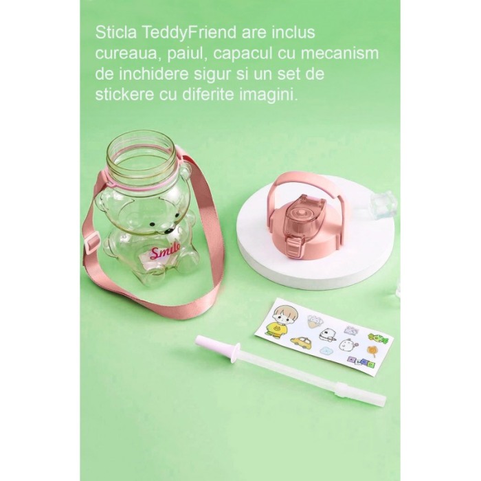 Sticla pentru copii TeddyFriend Doty.ro®, design urs, pai inclus, portabila, crem, 800ml [4]