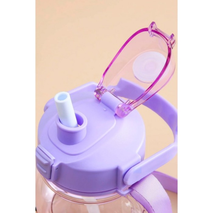 Sticla pentru copii TeddyFriend Doty.ro®, design urs, semi-transparenta, curea, pai inclus, mov, 800ml [4]