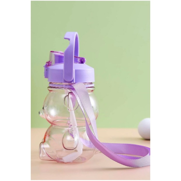 Sticla pentru copii TeddyFriend Doty.ro®, design urs, semi-transparenta, curea, pai inclus, mov, 800ml [2]