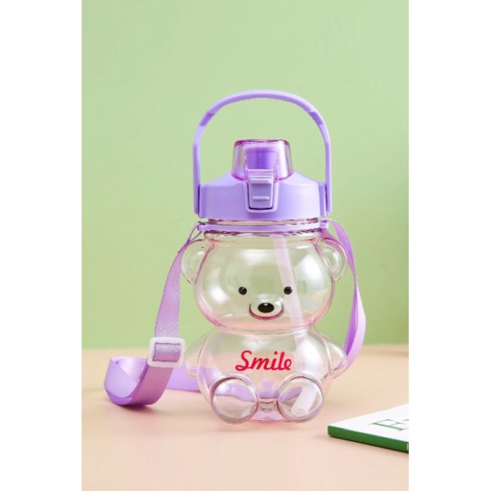 Sticla pentru copii TeddyFriend Doty.ro®, design urs, semi-transparenta, curea, pai inclus, mov, 800ml [7]