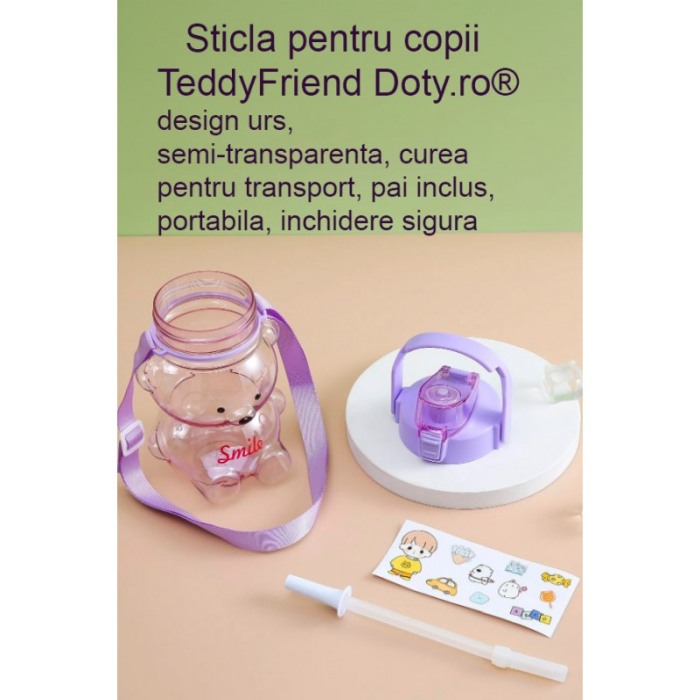 Sticla pentru copii TeddyFriend Doty.ro®, design urs, semi-transparenta, curea, pai inclus, mov, 800ml [5]