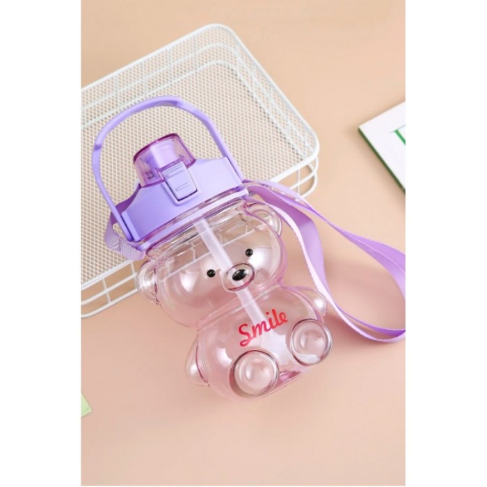 Sticla pentru copii TeddyFriend Doty.ro®, design urs, semi-transparenta, curea, pai inclus, mov, 800ml [3]