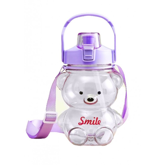 Sticla pentru copii TeddyFriend Doty.ro®, design urs, semi-transparenta, curea, pai inclus, mov, 800ml [1]
