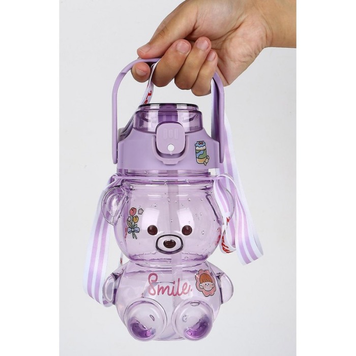 Sticla pentru copii TeddyFriend Doty.ro®, design urs, semi-transparenta, curea, pai inclus, mov, 800ml [6]