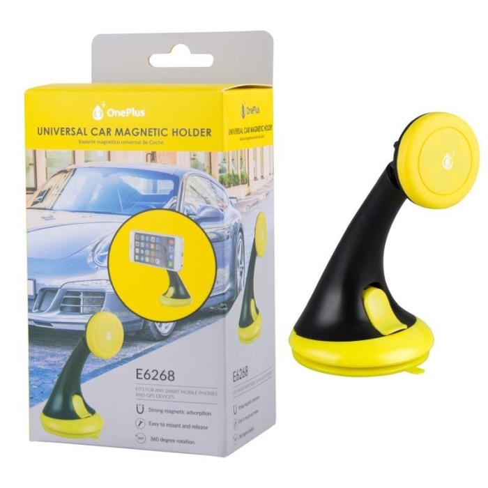 Suport auto magnetic pentru telefon universal, prindere cu ventuza, negru cu galben [2]