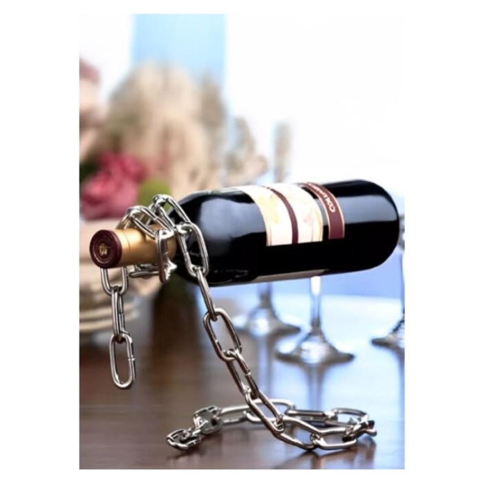 Suport metalic pentru sticla de vin ChainWine Doty®, in forma de lant, design creativ, efect de plutire, argintiu, 21x20 cm [4]
